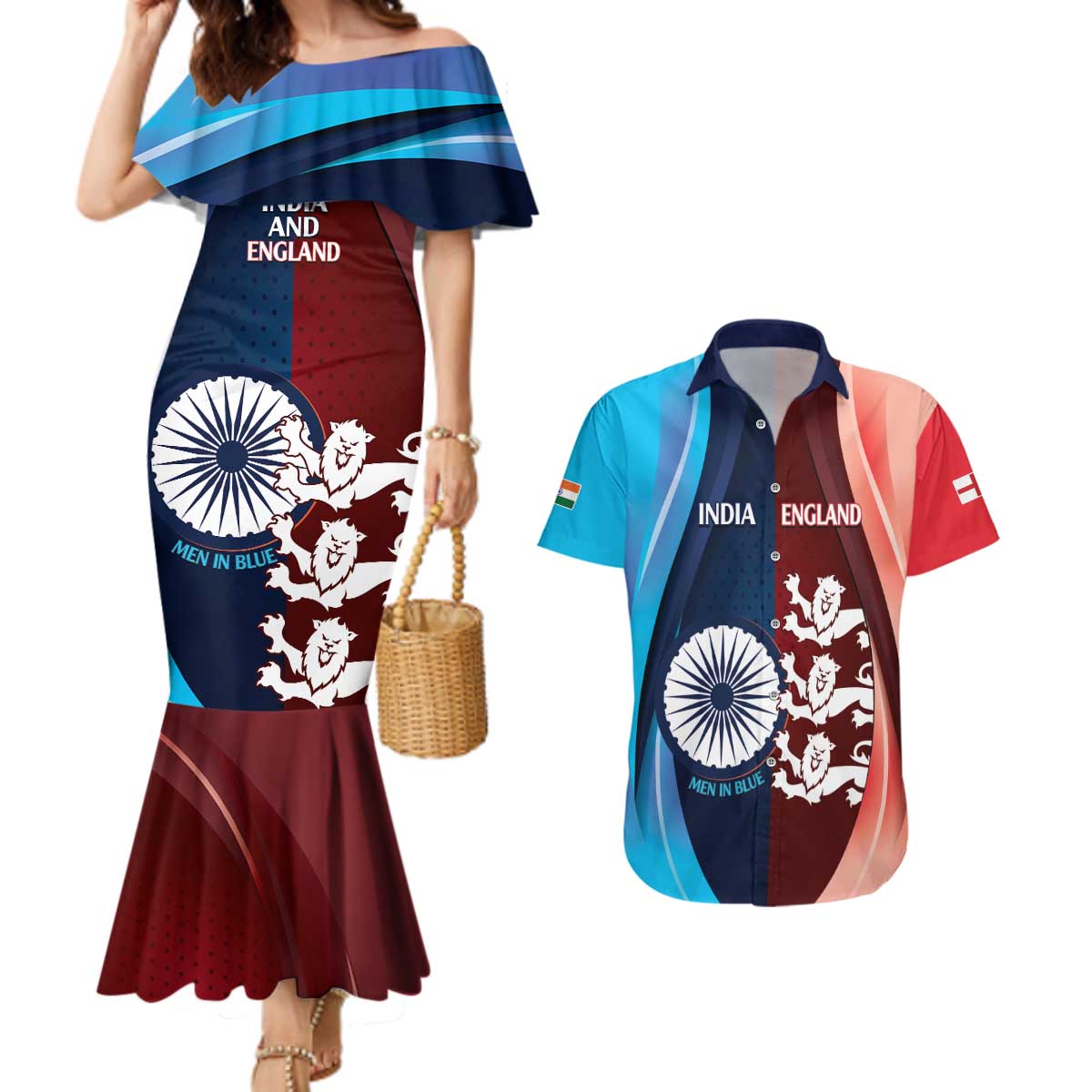 Custom India And England Cricket Couples Matching Mermaid Dress and Hawaiian Shirt 2025 Men In Blue Three Lions Together - Wonder Print Shop