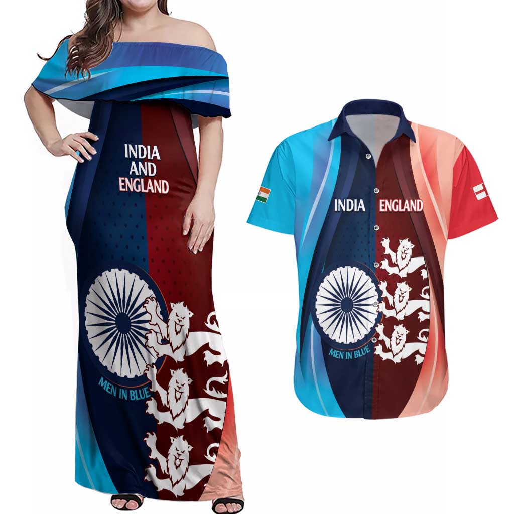 Custom India And England Cricket Couples Matching Off Shoulder Maxi Dress and Hawaiian Shirt 2025 Men In Blue Three Lions Together - Wonder Print Shop