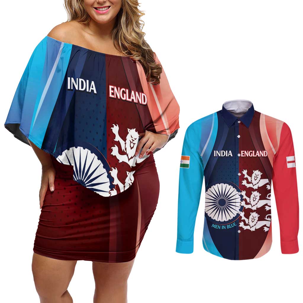 Custom India And England Cricket Couples Matching Off Shoulder Short Dress and Long Sleeve Button Shirt 2025 Men In Blue Three Lions Together - Wonder Print Shop