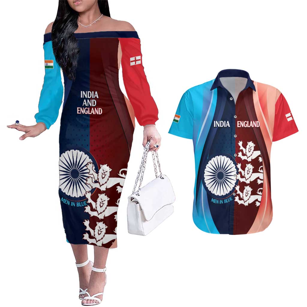 Custom India And England Cricket Couples Matching Off The Shoulder Long Sleeve Dress and Hawaiian Shirt 2025 Men In Blue Three Lions Together - Wonder Print Shop