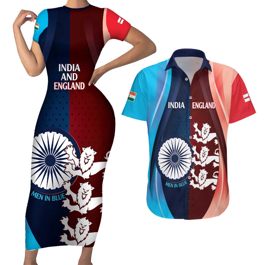 Custom India And England Cricket Couples Matching Short Sleeve Bodycon Dress and Hawaiian Shirt 2025 Men In Blue Three Lions Together - Wonder Print Shop