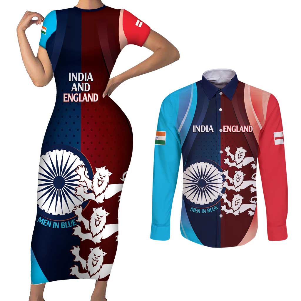 Custom India And England Cricket Couples Matching Short Sleeve Bodycon Dress and Long Sleeve Button Shirt 2025 Men In Blue Three Lions Together - Wonder Print Shop