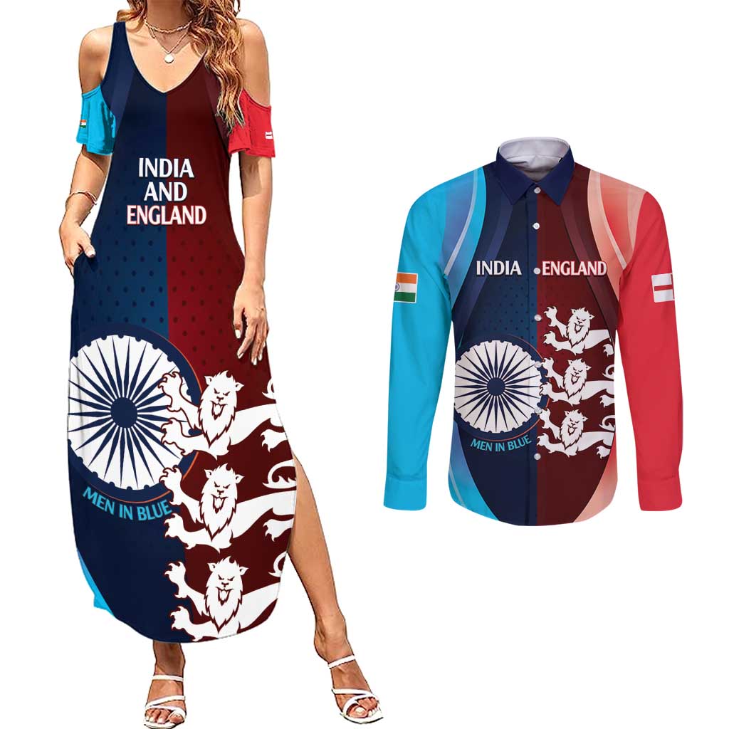 Custom India And England Cricket Couples Matching Summer Maxi Dress and Long Sleeve Button Shirt 2025 Men In Blue Three Lions Together - Wonder Print Shop