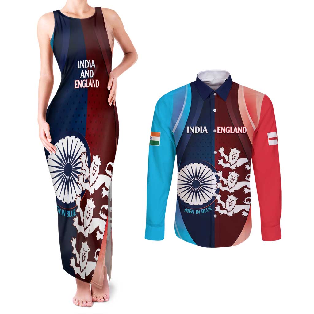 Custom India And England Cricket Couples Matching Tank Maxi Dress and Long Sleeve Button Shirt 2025 Men In Blue Three Lions Together - Wonder Print Shop