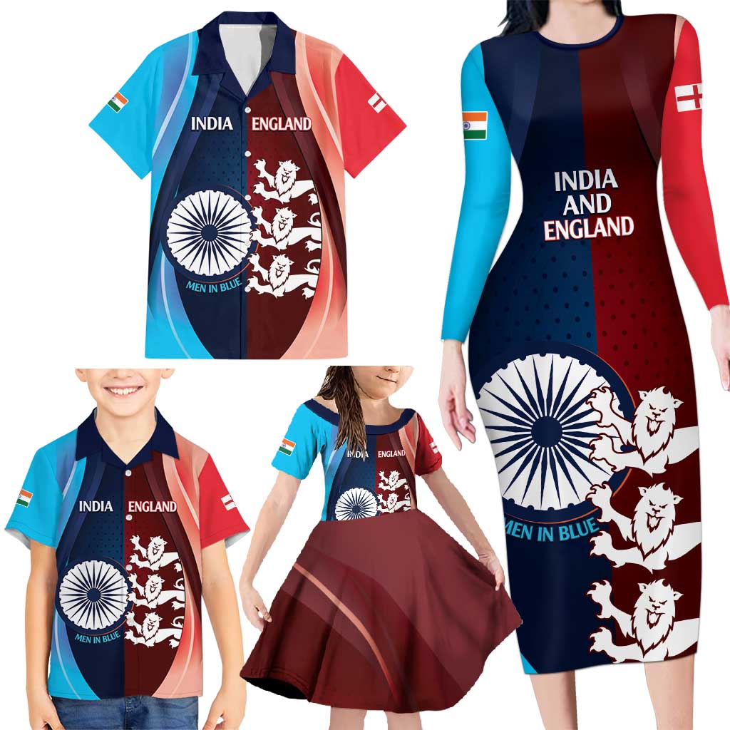 Custom India And England Cricket Family Matching Long Sleeve Bodycon Dress and Hawaiian Shirt 2025 Men In Blue Three Lions Together - Wonder Print Shop