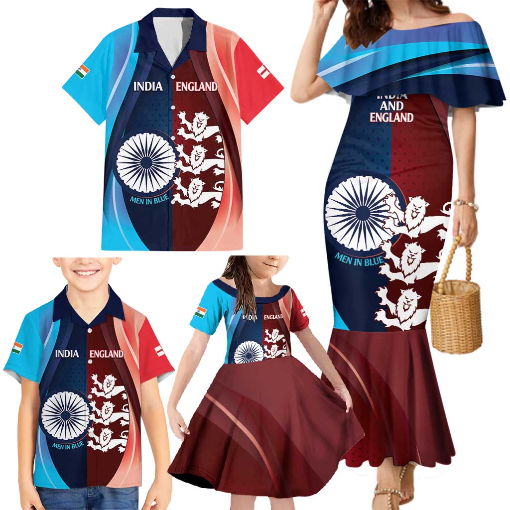 Custom India And England Cricket Family Matching Mermaid Dress and Hawaiian Shirt 2025 Men In Blue Three Lions Together - Wonder Print Shop