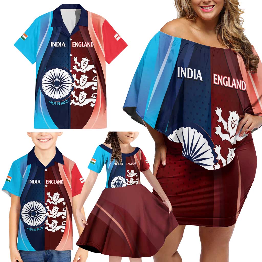 Custom India And England Cricket Family Matching Off Shoulder Short Dress and Hawaiian Shirt 2025 Men In Blue Three Lions Together - Wonder Print Shop