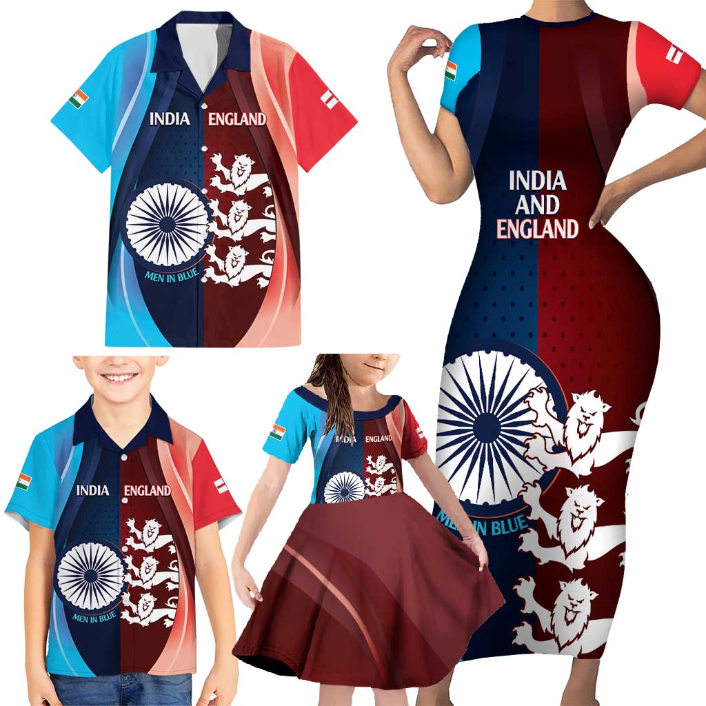 Custom India And England Cricket Family Matching Short Sleeve Bodycon Dress and Hawaiian Shirt 2025 Men In Blue Three Lions Together - Wonder Print Shop