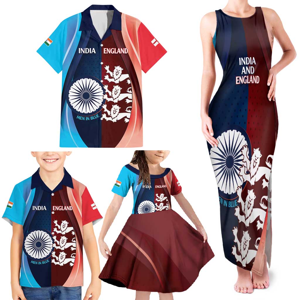 Custom India And England Cricket Family Matching Tank Maxi Dress and Hawaiian Shirt 2025 Men In Blue Three Lions Together - Wonder Print Shop