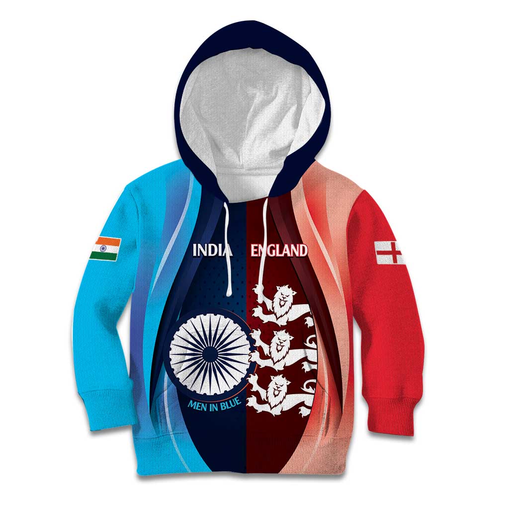 Custom India And England Cricket Kid Hoodie 2025 Men In Blue Three Lions Together - Wonder Print Shop