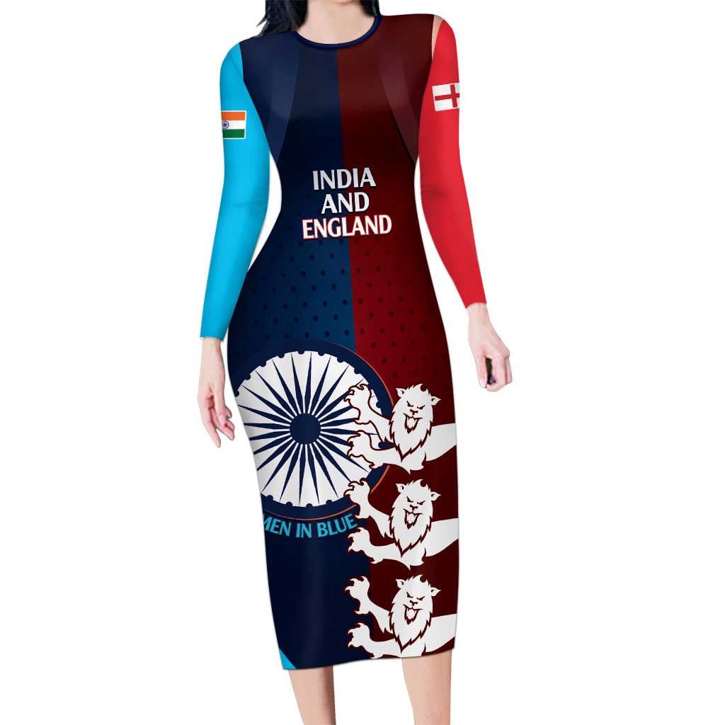 Custom India And England Cricket Long Sleeve Bodycon Dress 2025 Men In Blue Three Lions Together - Wonder Print Shop