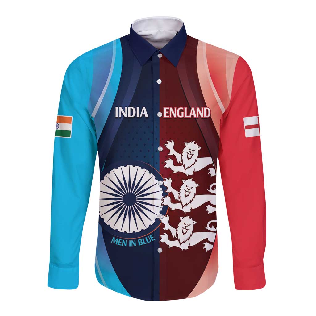 Custom India And England Cricket Long Sleeve Button Shirt 2025 Men In Blue Three Lions Together - Wonder Print Shop