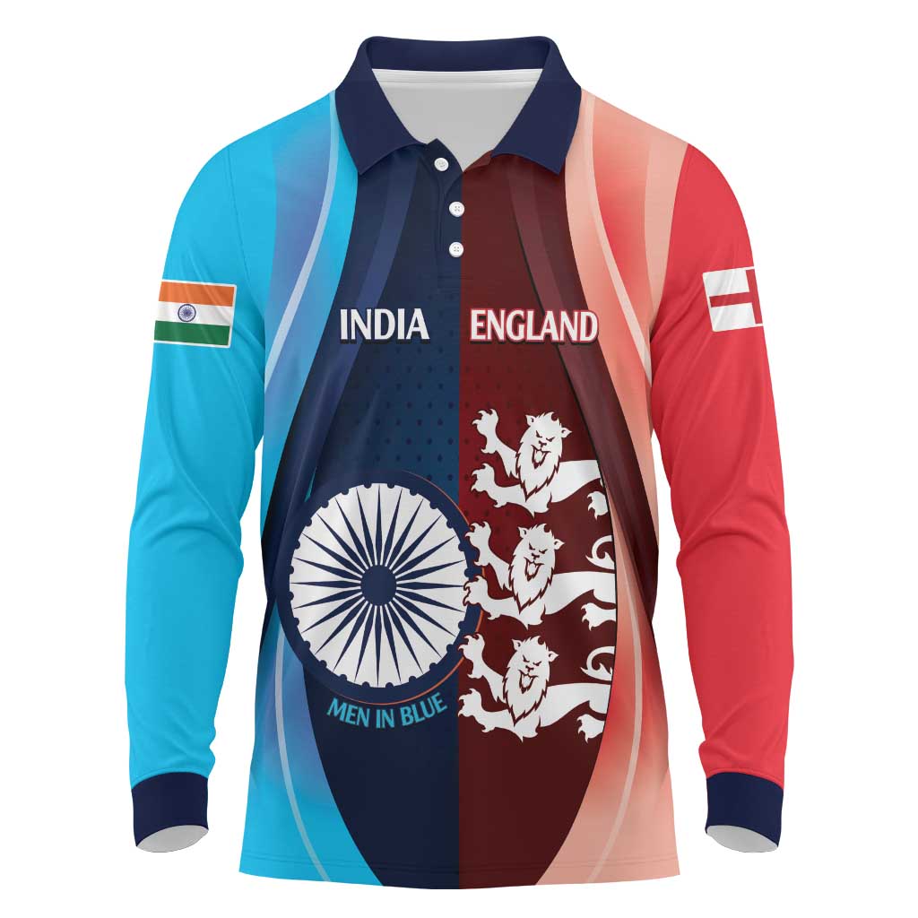 Custom India And England Cricket Long Sleeve Polo Shirt 2025 Men In Blue Three Lions Together - Wonder Print Shop