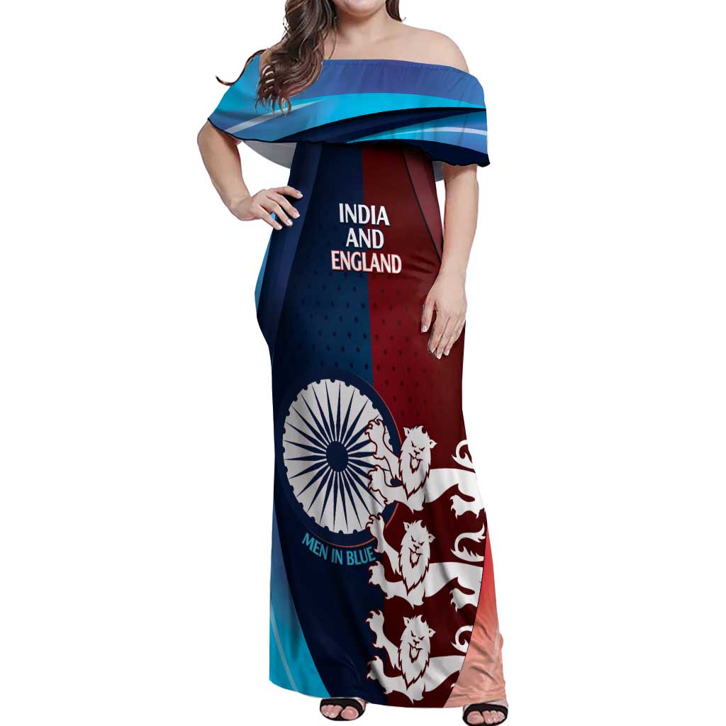 Custom India And England Cricket Off Shoulder Maxi Dress 2025 Men In Blue Three Lions Together - Wonder Print Shop