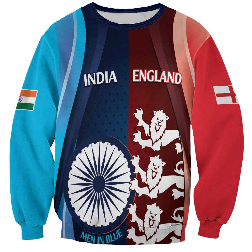 Men's blue cricket sweatshirt with India and England text, lion crest graphic, ribbed cuffs
