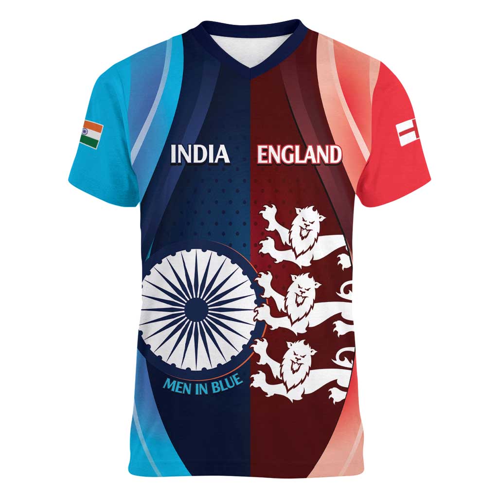 Custom India And England Cricket Women V-Neck T-Shirt 2025 Men In Blue Three Lions Together