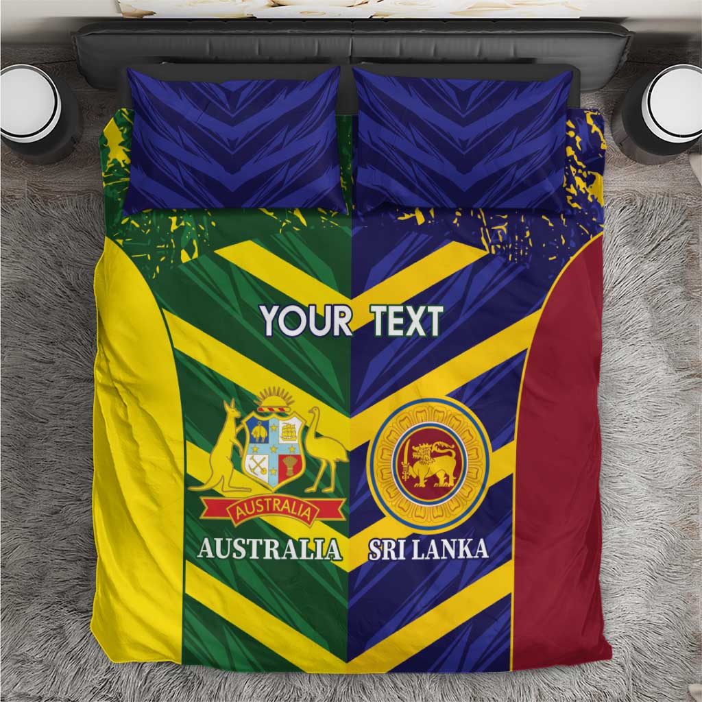 Cricket bedding set featuring blue, green, yellow and red panels with Australia and Sri Lanka crests