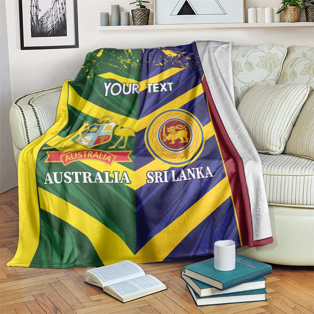 Custom cricket blanket draped in green, yellow, and blue with Australia and Sri Lanka emblems