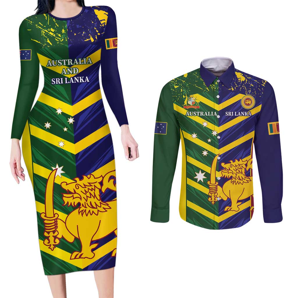 Custom Sri Lanka And Australia Cricket Couples Matching Long Sleeve Bodycon Dress and Long Sleeve Button Shirt 2025 The Lions Baggy Greens Together - Wonder Print Shop