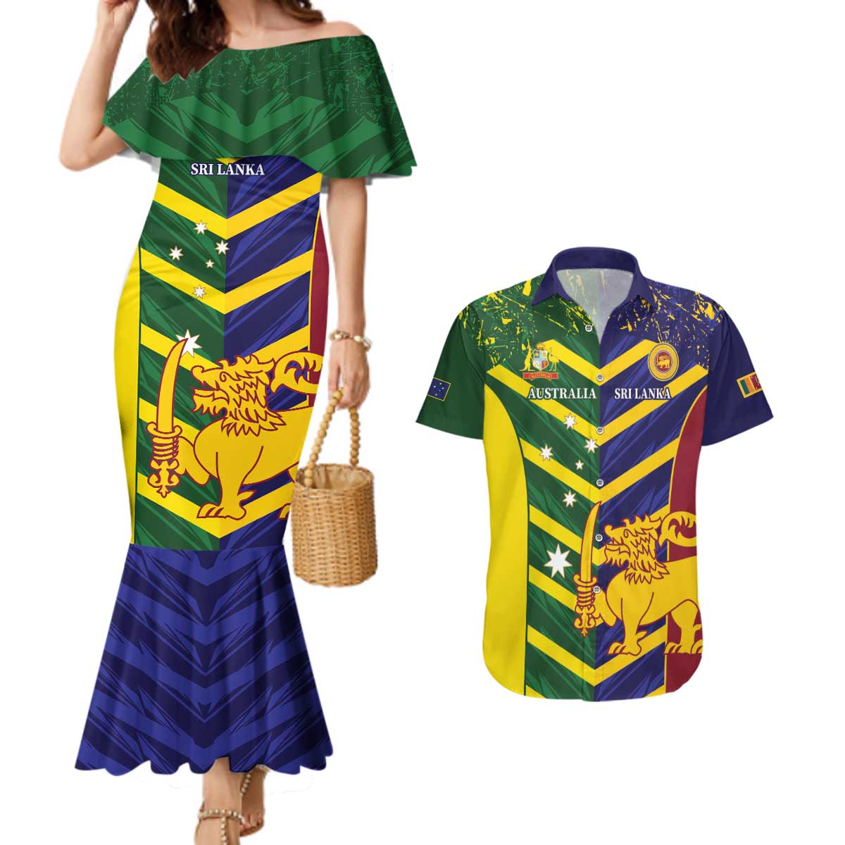 Custom Sri Lanka And Australia Cricket Couples Matching Mermaid Dress and Hawaiian Shirt 2025 The Lions Baggy Greens Together - Wonder Print Shop