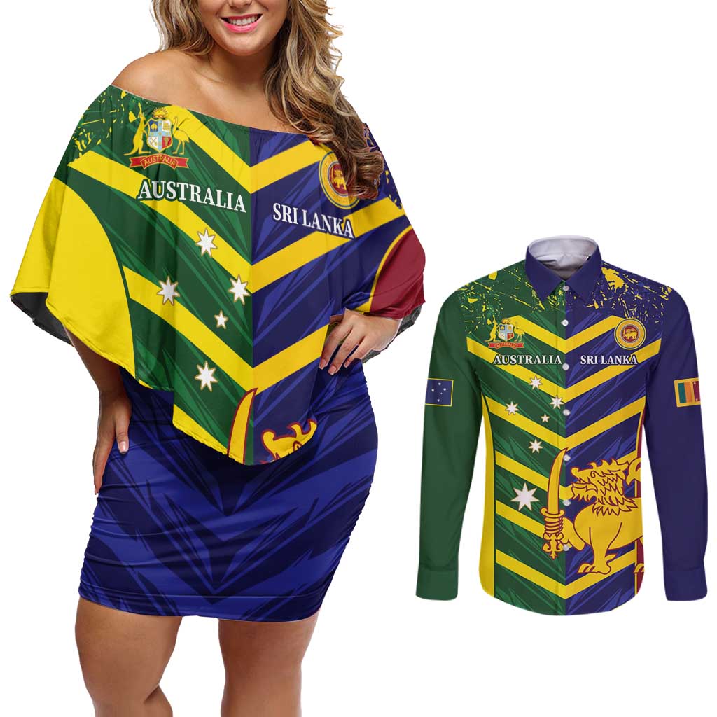 Custom Sri Lanka And Australia Cricket Couples Matching Off Shoulder Short Dress and Long Sleeve Button Shirt 2025 The Lions Baggy Greens Together - Wonder Print Shop