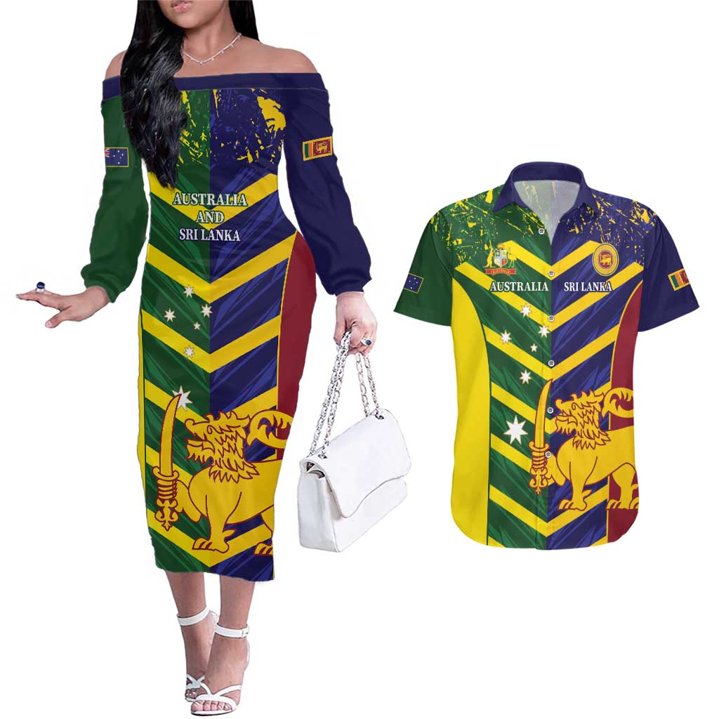 Custom Sri Lanka And Australia Cricket Couples Matching Off The Shoulder Long Sleeve Dress and Hawaiian Shirt 2025 The Lions Baggy Greens Together - Wonder Print Shop