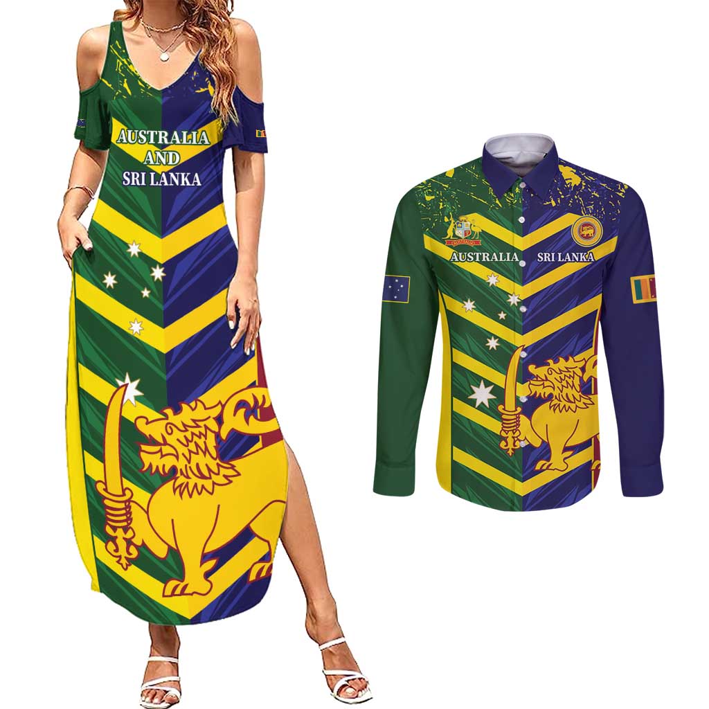 Custom Sri Lanka And Australia Cricket Couples Matching Summer Maxi Dress and Long Sleeve Button Shirt 2025 The Lions Baggy Greens Together - Wonder Print Shop