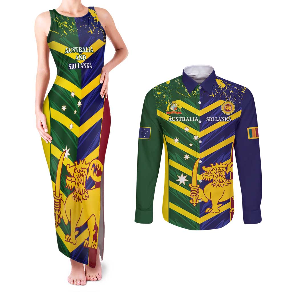 Custom Sri Lanka And Australia Cricket Couples Matching Tank Maxi Dress and Long Sleeve Button Shirt 2025 The Lions Baggy Greens Together - Wonder Print Shop