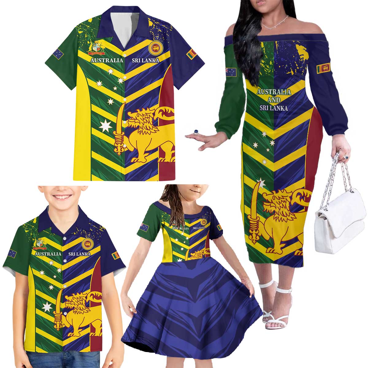 Custom Sri Lanka And Australia Cricket Family Matching Off The Shoulder Long Sleeve Dress and Hawaiian Shirt 2025 The Lions Baggy Greens Together - Wonder Print Shop