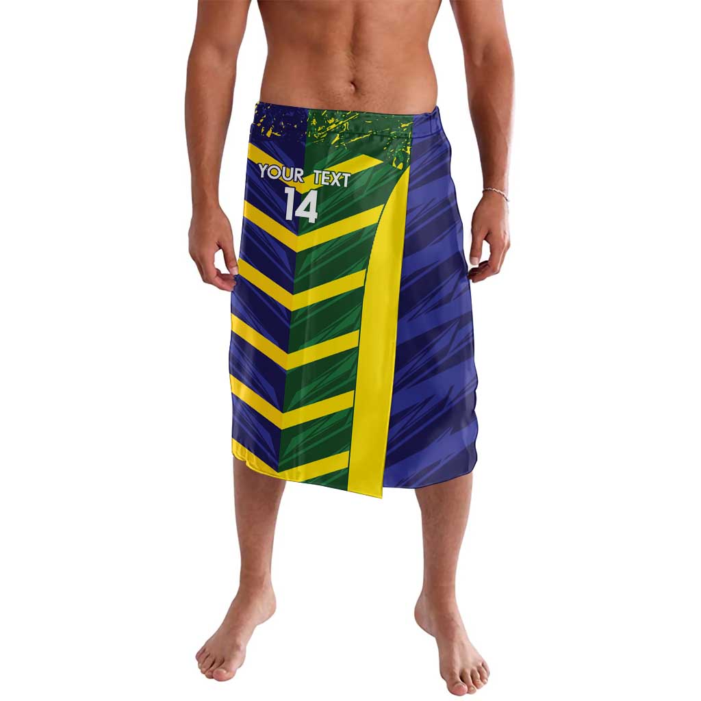 Cricket baggy shorts with green-yellow graphics on navy, side tie front