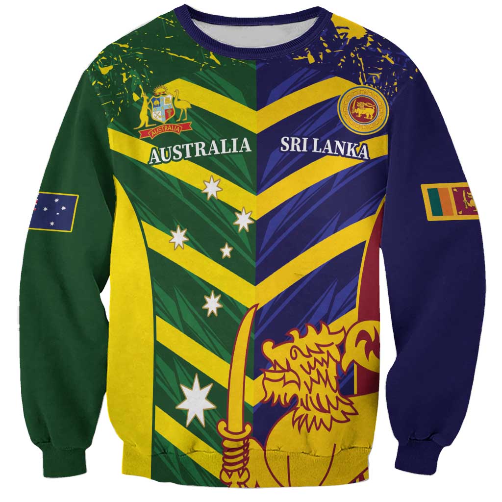 Cricket sweatshirt with green and navy chevron graphic, Australia and Sri Lanka crests