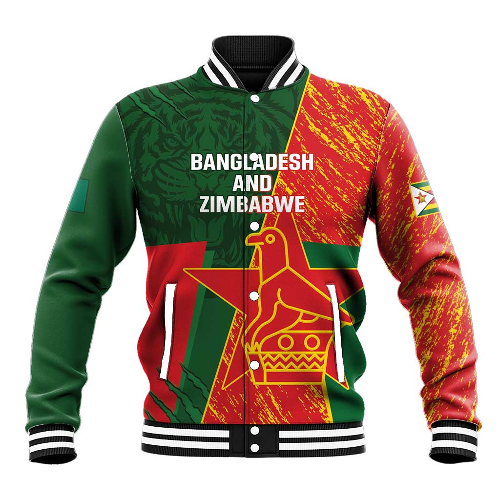 Green baseball jacket with red-yellow panels, striped rib collar, front crest design