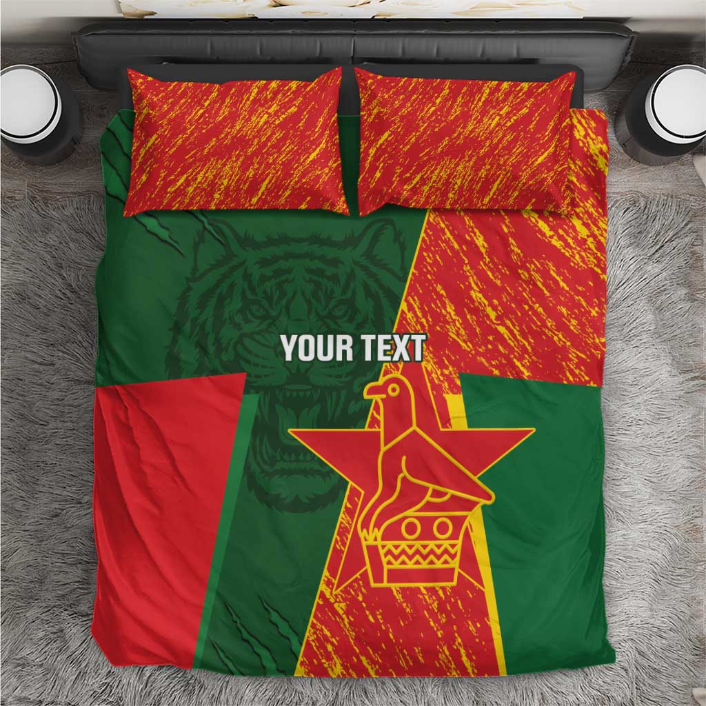 Cricket bedding set: green and red duvet with yellow tiger logo, two pillows, YOUR TEXT.