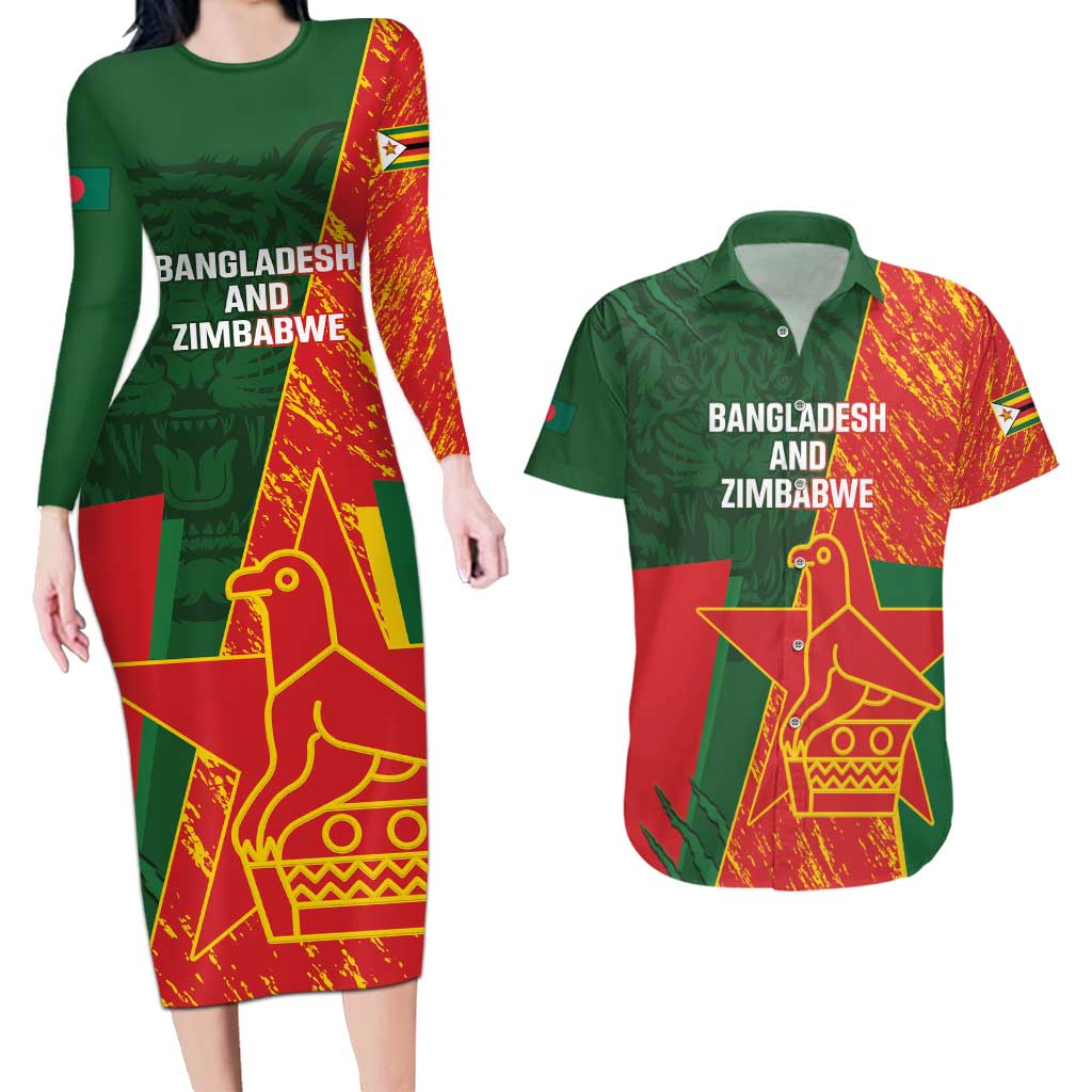 Custom Bangladesh And Zimbabwe Cricket Couples Matching Long Sleeve Bodycon Dress and Hawaiian Shirt 2025 Tigers Chevrons Together - Wonder Print Shop