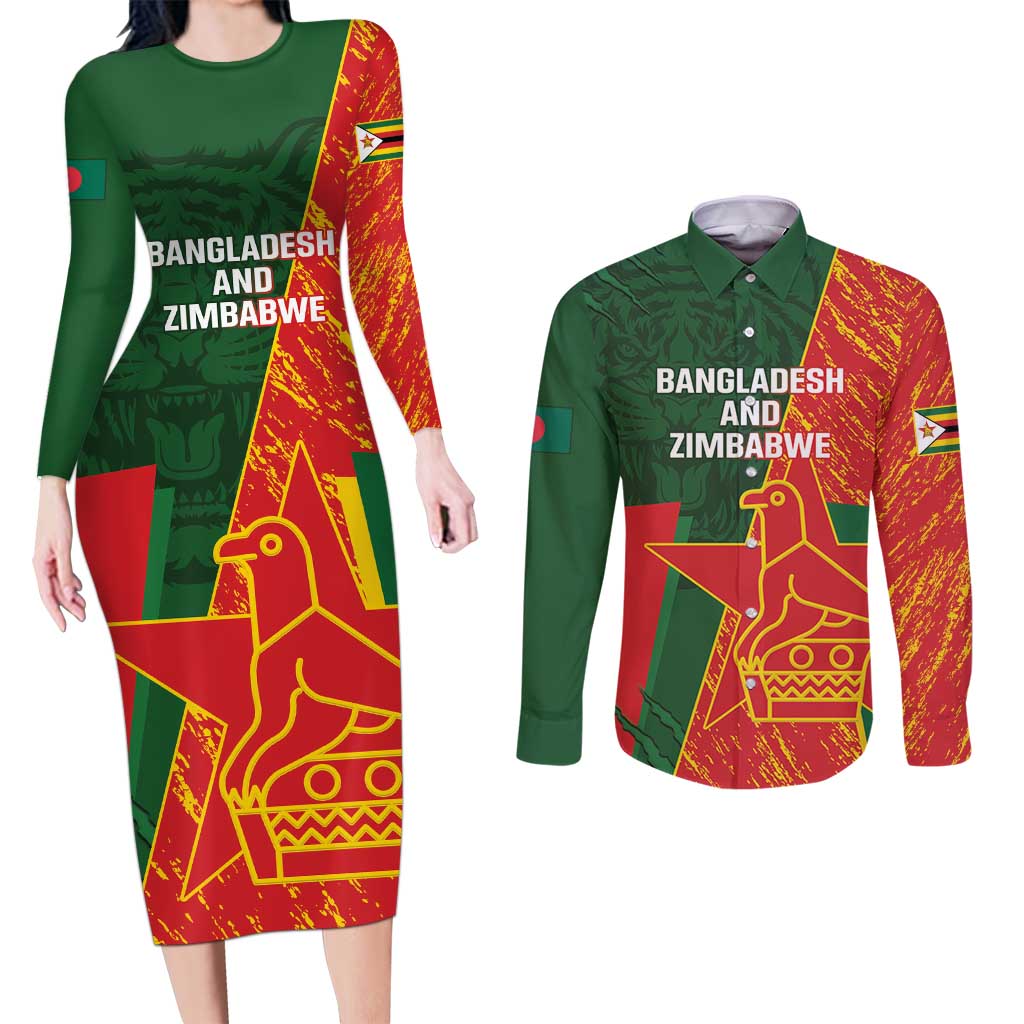 Custom Bangladesh And Zimbabwe Cricket Couples Matching Long Sleeve Bodycon Dress and Long Sleeve Button Shirt 2025 Tigers Chevrons Together - Wonder Print Shop