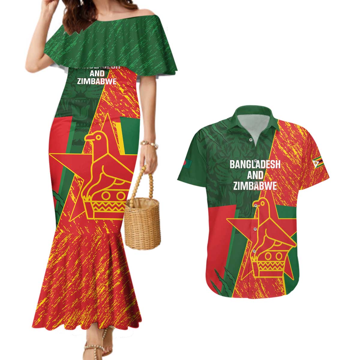 Custom Bangladesh And Zimbabwe Cricket Couples Matching Mermaid Dress and Hawaiian Shirt 2025 Tigers Chevrons Together - Wonder Print Shop