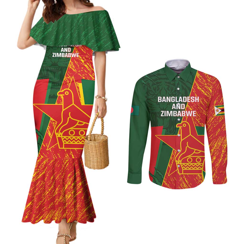 Custom Bangladesh And Zimbabwe Cricket Couples Matching Mermaid Dress and Long Sleeve Button Shirt 2025 Tigers Chevrons Together