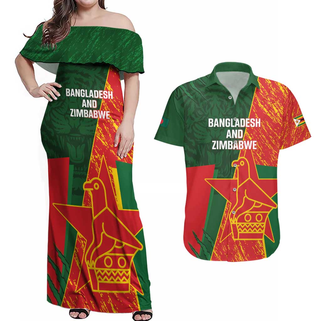 Custom Bangladesh And Zimbabwe Cricket Couples Matching Off Shoulder Maxi Dress and Hawaiian Shirt 2025 Tigers Chevrons Together - Wonder Print Shop