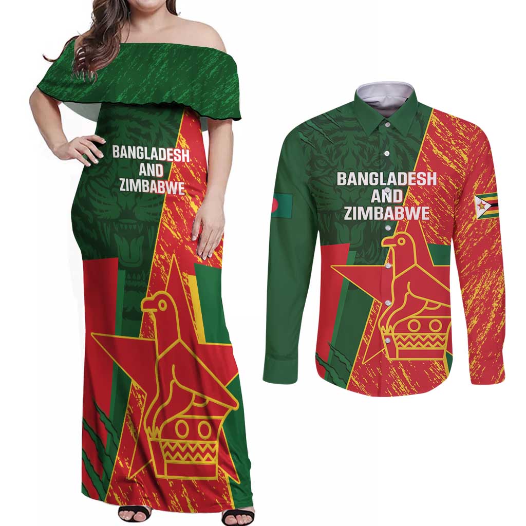 Custom Bangladesh And Zimbabwe Cricket Couples Matching Off Shoulder Maxi Dress and Long Sleeve Button Shirt 2025 Tigers Chevrons Together - Wonder Print Shop