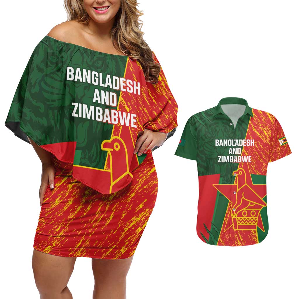 Custom Bangladesh And Zimbabwe Cricket Couples Matching Off Shoulder Short Dress and Hawaiian Shirt 2025 Tigers Chevrons Together - Wonder Print Shop