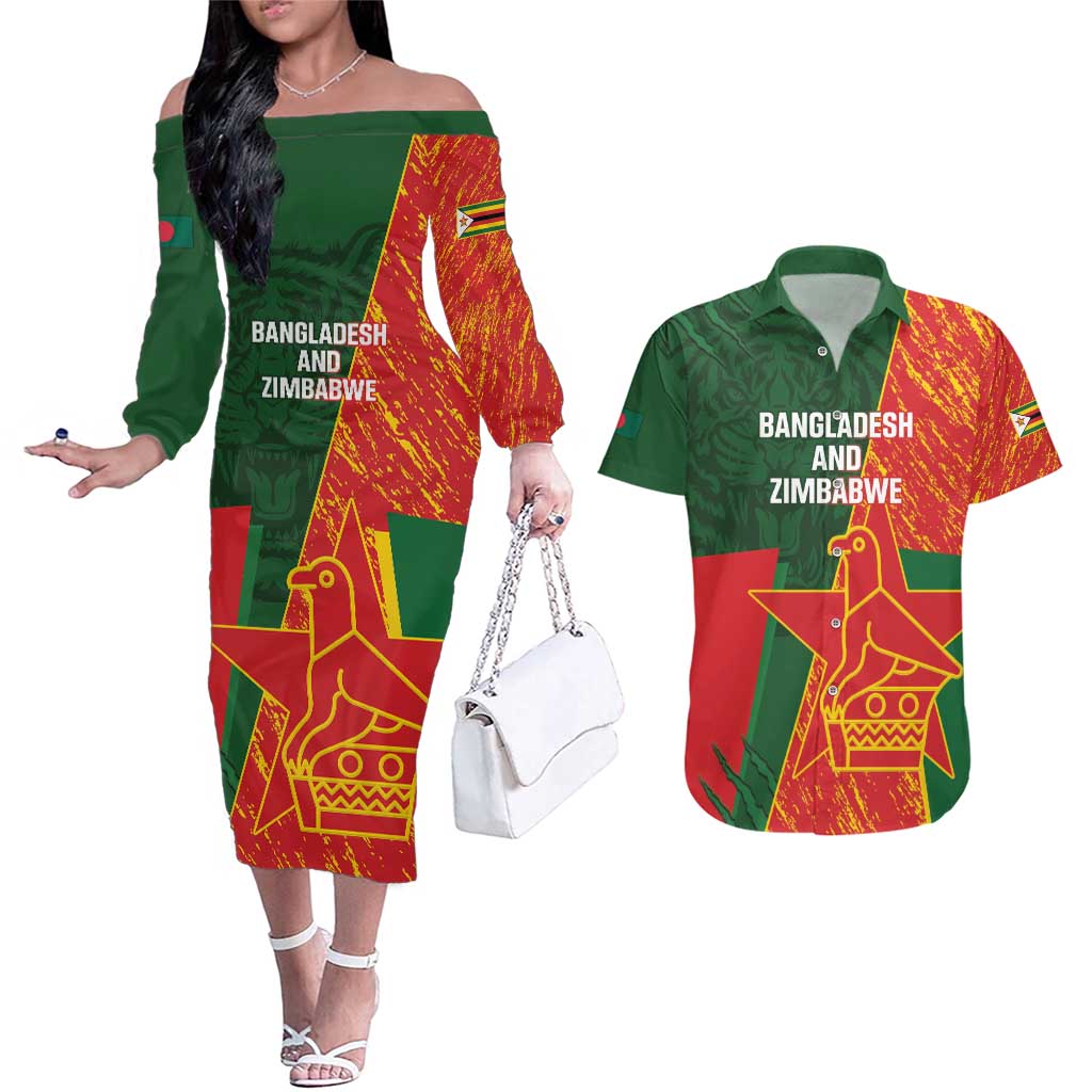 Custom Bangladesh And Zimbabwe Cricket Couples Matching Off The Shoulder Long Sleeve Dress and Hawaiian Shirt 2025 Tigers Chevrons Together - Wonder Print Shop