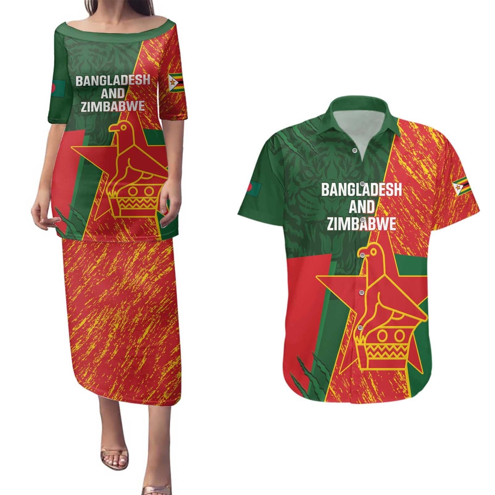 Custom Bangladesh And Zimbabwe Cricket Couples Matching Puletasi and Hawaiian Shirt 2025 Tigers Chevrons Together - Wonder Print Shop