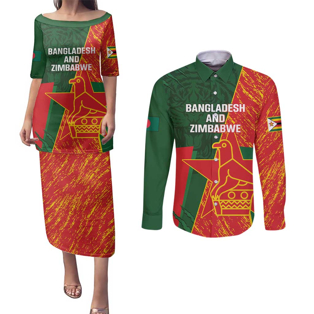 Custom Bangladesh And Zimbabwe Cricket Couples Matching Puletasi and Long Sleeve Button Shirt 2025 Tigers Chevrons Together - Wonder Print Shop