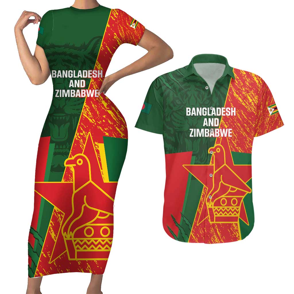 Custom Bangladesh And Zimbabwe Cricket Couples Matching Short Sleeve Bodycon Dress and Hawaiian Shirt 2025 Tigers Chevrons Together - Wonder Print Shop