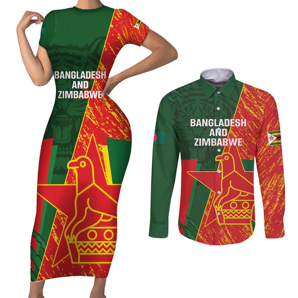 Custom Bangladesh And Zimbabwe Cricket Couples Matching Short Sleeve Bodycon Dress and Long Sleeve Button Shirt 2025 Tigers Chevrons Together - Wonder Print Shop