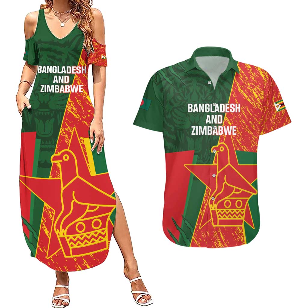 Custom Bangladesh And Zimbabwe Cricket Couples Matching Summer Maxi Dress and Hawaiian Shirt 2025 Tigers Chevrons Together - Wonder Print Shop