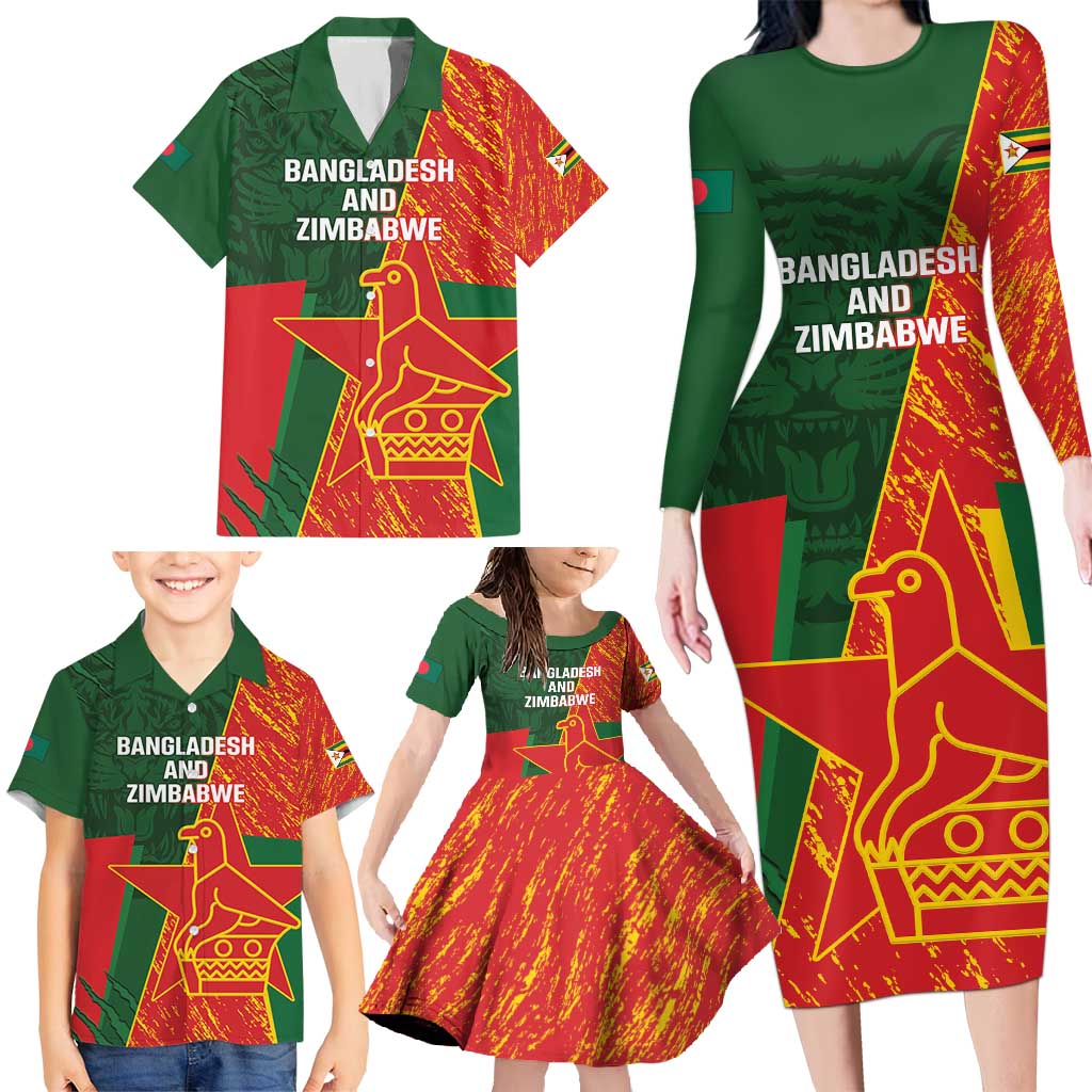 Custom Bangladesh And Zimbabwe Cricket Family Matching Long Sleeve Bodycon Dress and Hawaiian Shirt 2025 Tigers Chevrons Together - Wonder Print Shop