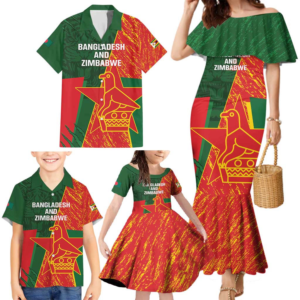 Custom Bangladesh And Zimbabwe Cricket Family Matching Mermaid Dress and Hawaiian Shirt 2025 Tigers Chevrons Together - Wonder Print Shop