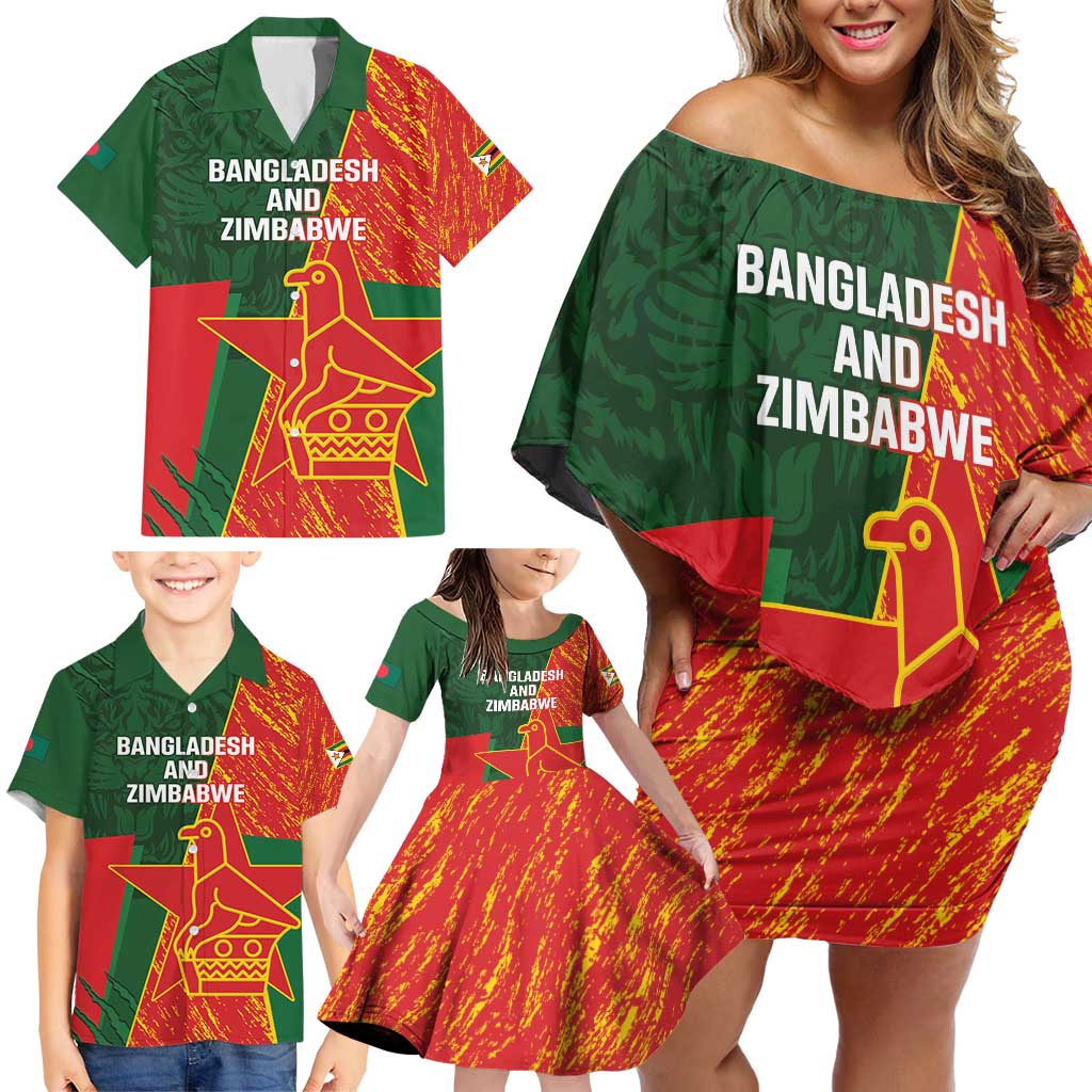 Custom Bangladesh And Zimbabwe Cricket Family Matching Off Shoulder Short Dress and Hawaiian Shirt 2025 Tigers Chevrons Together - Wonder Print Shop