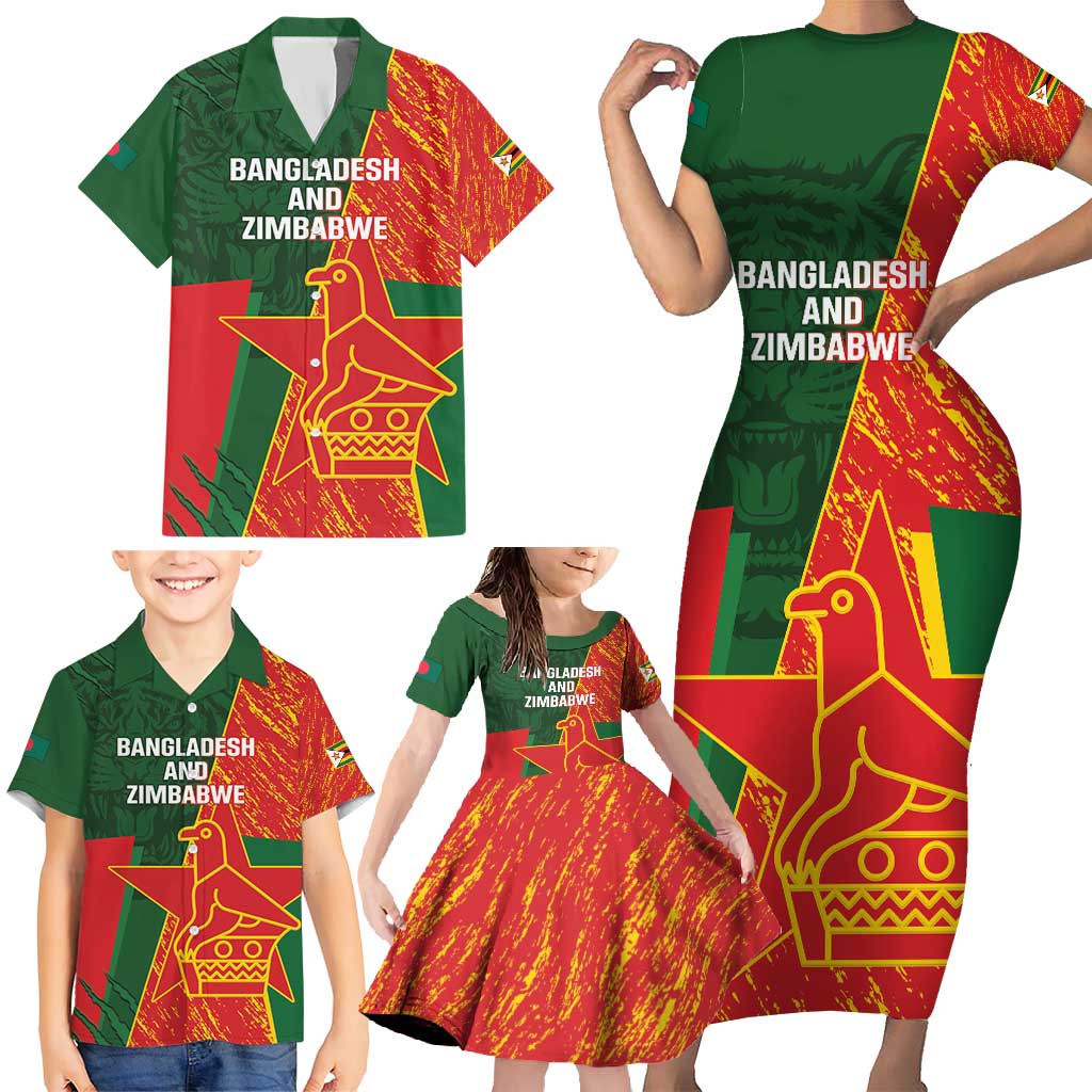 Custom Bangladesh And Zimbabwe Cricket Family Matching Short Sleeve Bodycon Dress and Hawaiian Shirt 2025 Tigers Chevrons Together - Wonder Print Shop